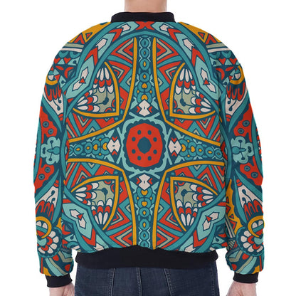 Teal Bohemian Mandala Pattern Print Zip Sleeve Bomber Jacket
