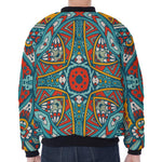 Teal Bohemian Mandala Pattern Print Zip Sleeve Bomber Jacket