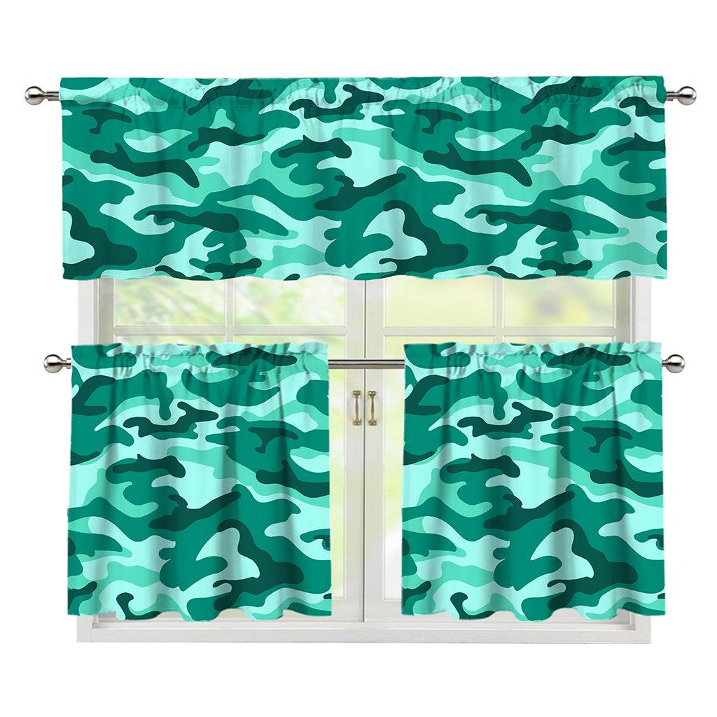 Teal Camouflage Print 3 Piece Kitchen Curtains
