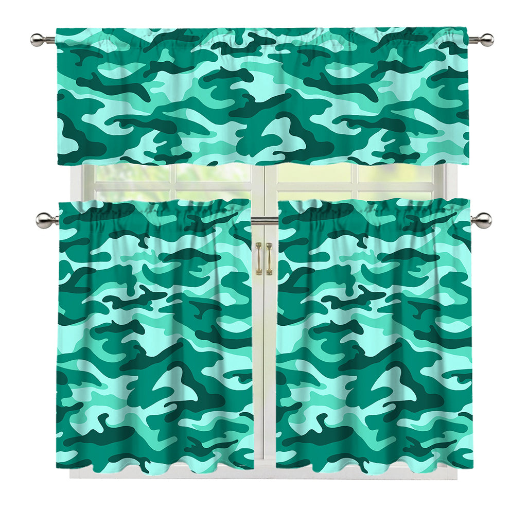 Teal Camouflage Print 3 Piece Kitchen Curtains
