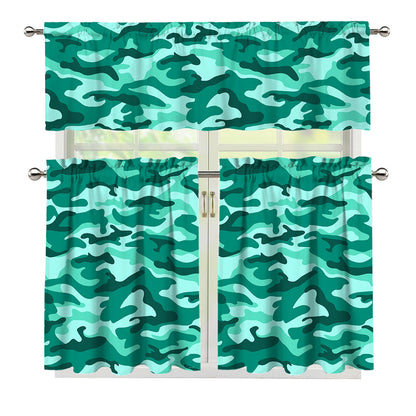 Teal Camouflage Print 3 Piece Kitchen Curtains
