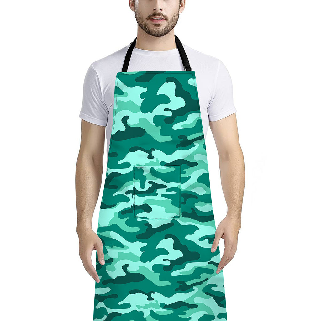 Teal Camouflage Print Bib Apron With Pocket