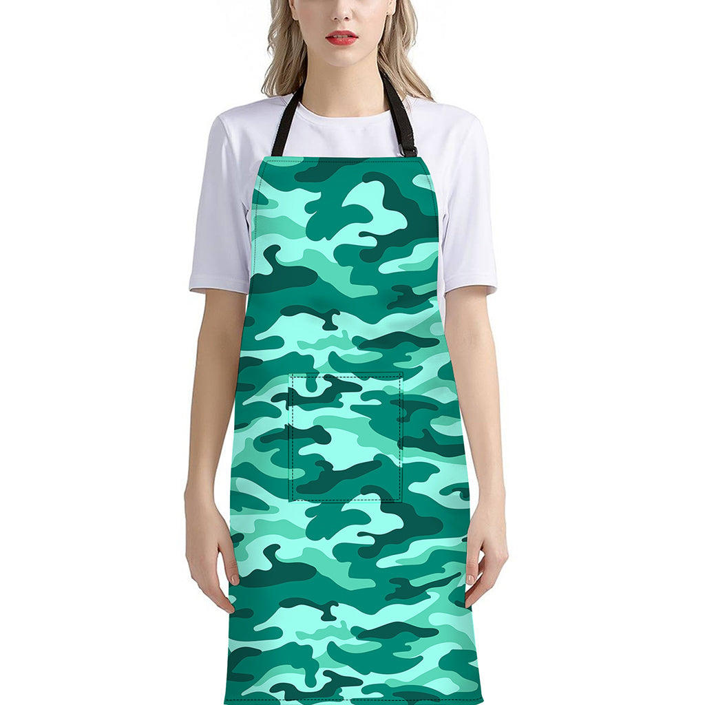 Teal Camouflage Print Bib Apron With Pocket
