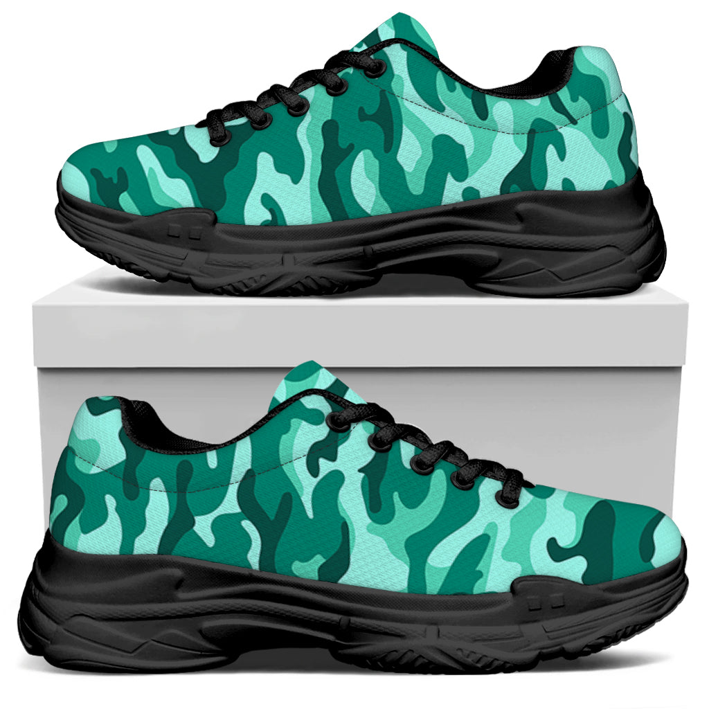 Teal Camouflage Print Black Chunky Shoes