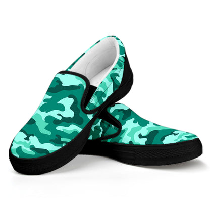 Teal Camouflage Print Black Slip On Sneakers