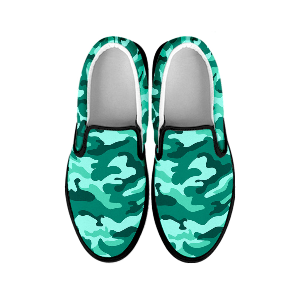 Teal Camouflage Print Black Slip On Sneakers