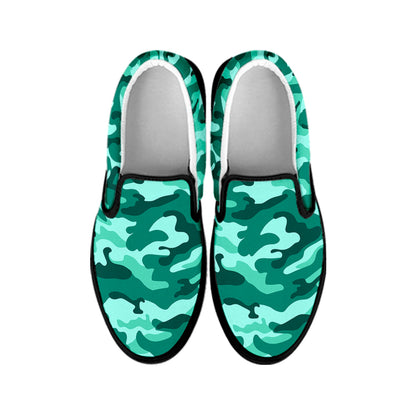 Teal Camouflage Print Black Slip On Sneakers