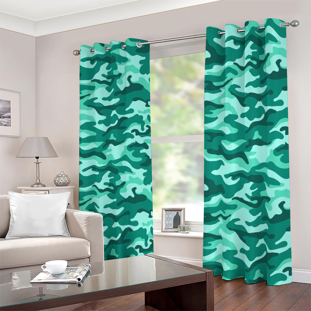Teal Camouflage Print Blackout Grommet Curtains