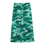 Teal Camouflage Print Cotton Front Slit Maxi Skirt