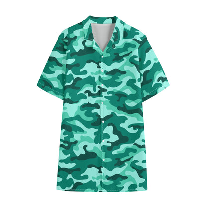 Teal Camouflage Print Cotton Hawaiian Shirt