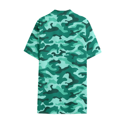 Teal Camouflage Print Cotton Hawaiian Shirt
