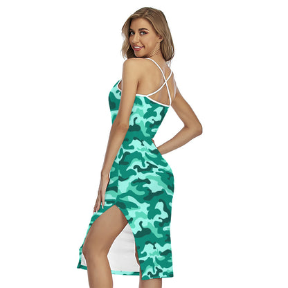 Teal Camouflage Print Cross Back Cami Dress