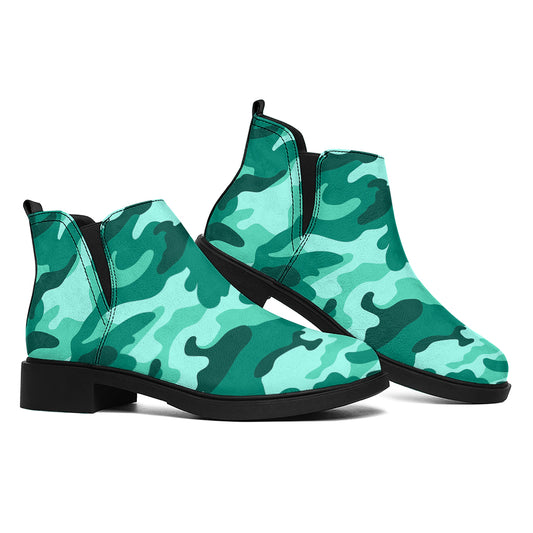 Teal Camouflage Print Flat Ankle Boots