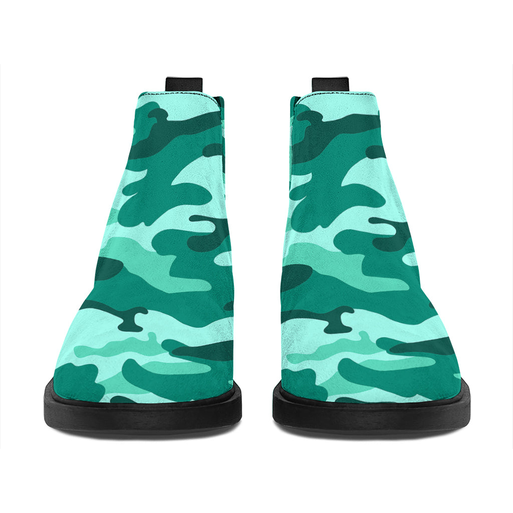 Teal Camouflage Print Flat Ankle Boots