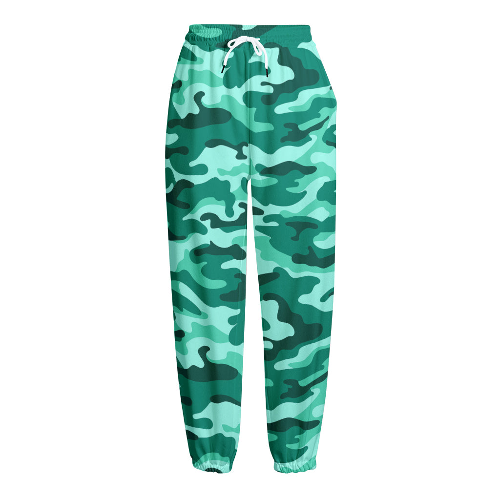 Teal Camouflage Print Fleece Lined Knit Pants