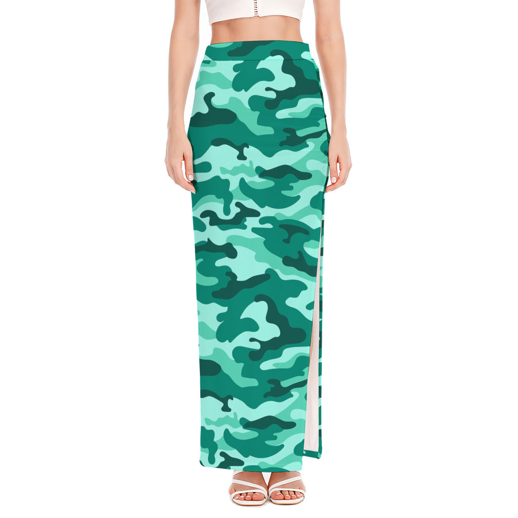 Teal Camouflage Print High Slit Maxi Skirt
