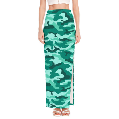 Teal Camouflage Print High Slit Maxi Skirt