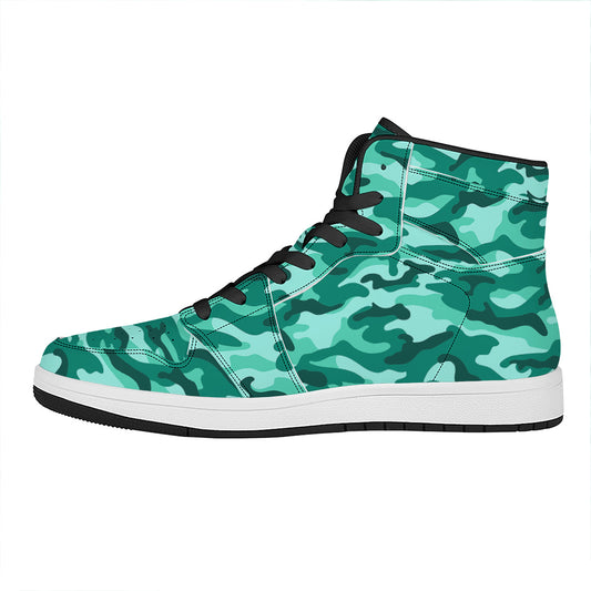 Teal Camouflage Print High Top Leather Sneakers