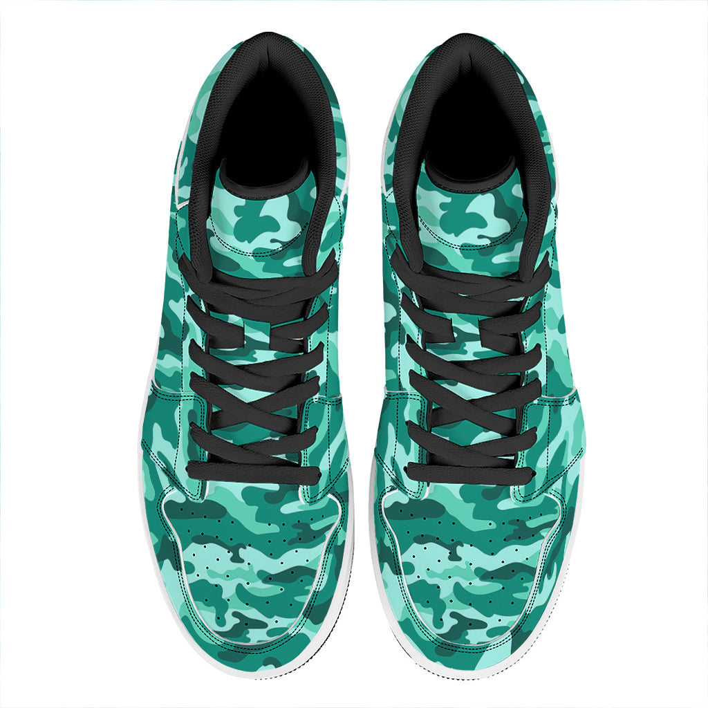 Teal Camouflage Print High Top Leather Sneakers