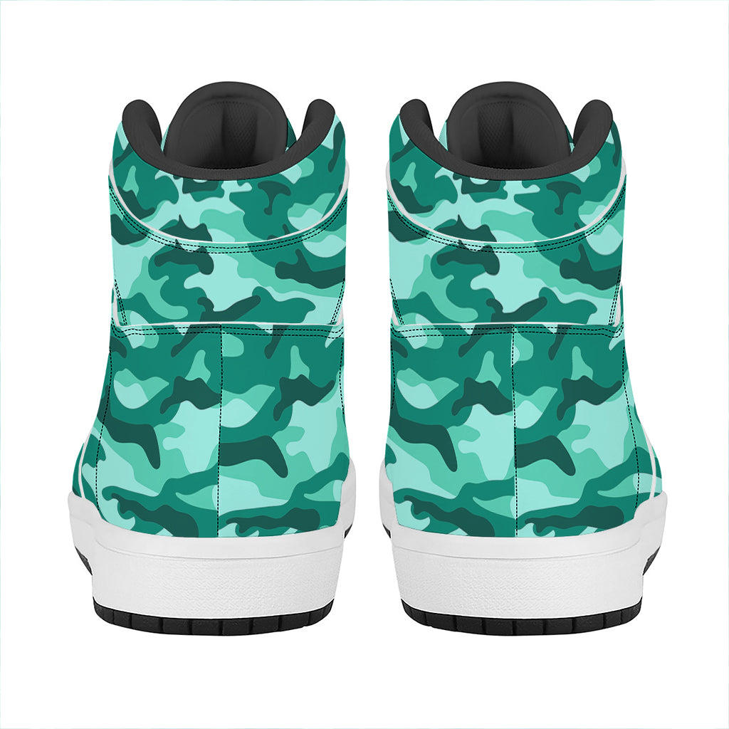 Teal Camouflage Print High Top Leather Sneakers
