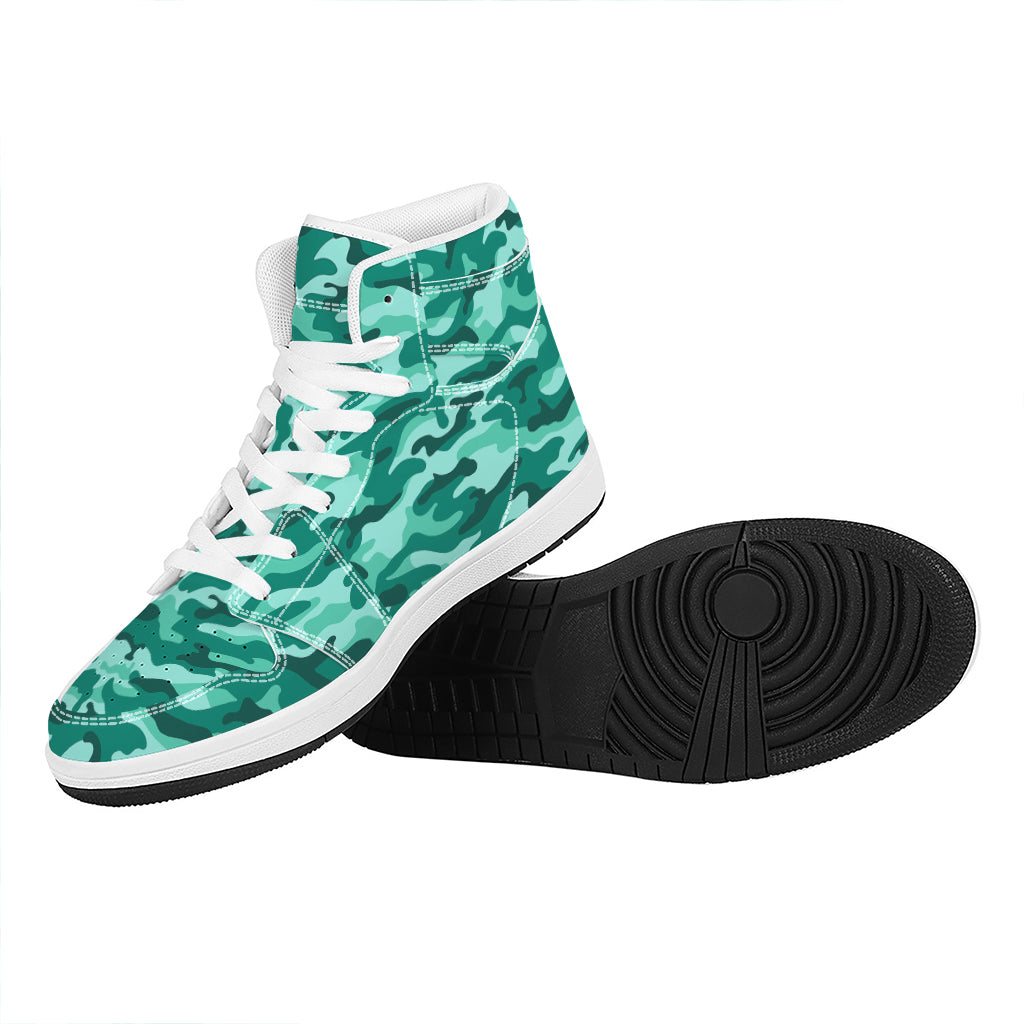 Teal Camouflage Print High Top Leather Sneakers