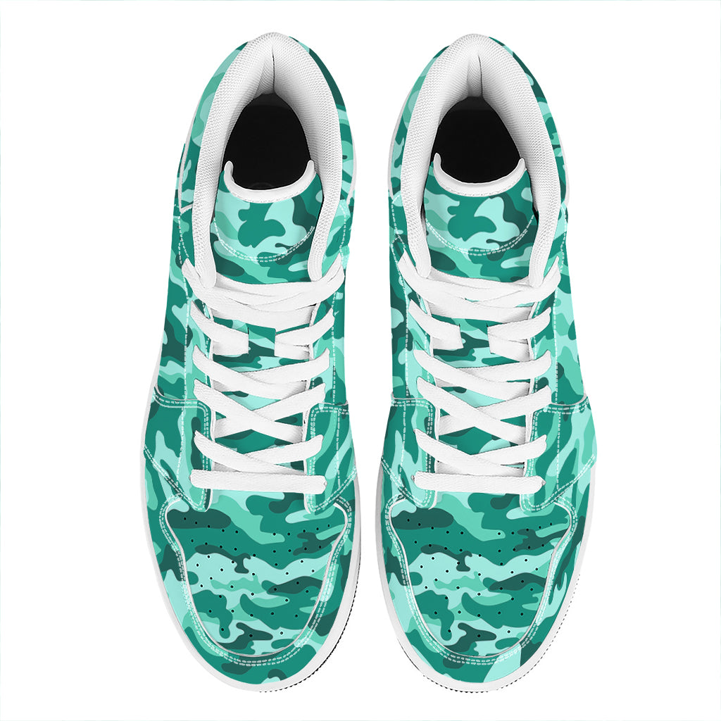 Teal Camouflage Print High Top Leather Sneakers