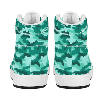 Teal Camouflage Print High Top Leather Sneakers