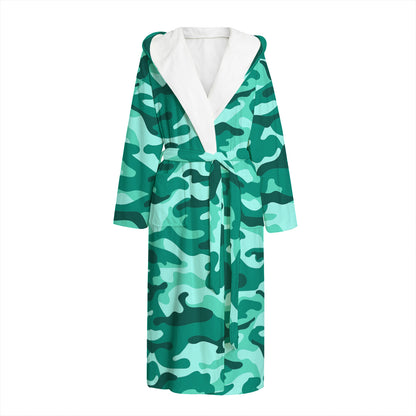 Teal Camouflage Print Hooded Bathrobe