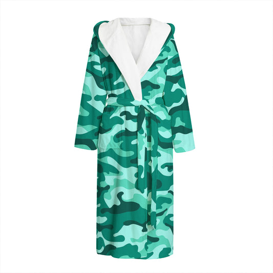Teal Camouflage Print Hooded Bathrobe