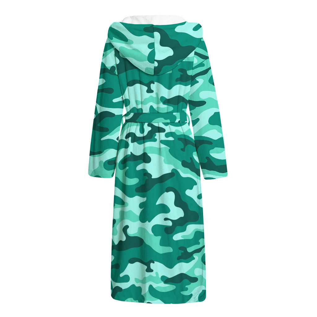 Teal Camouflage Print Hooded Bathrobe