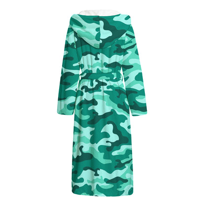 Teal Camouflage Print Hooded Bathrobe