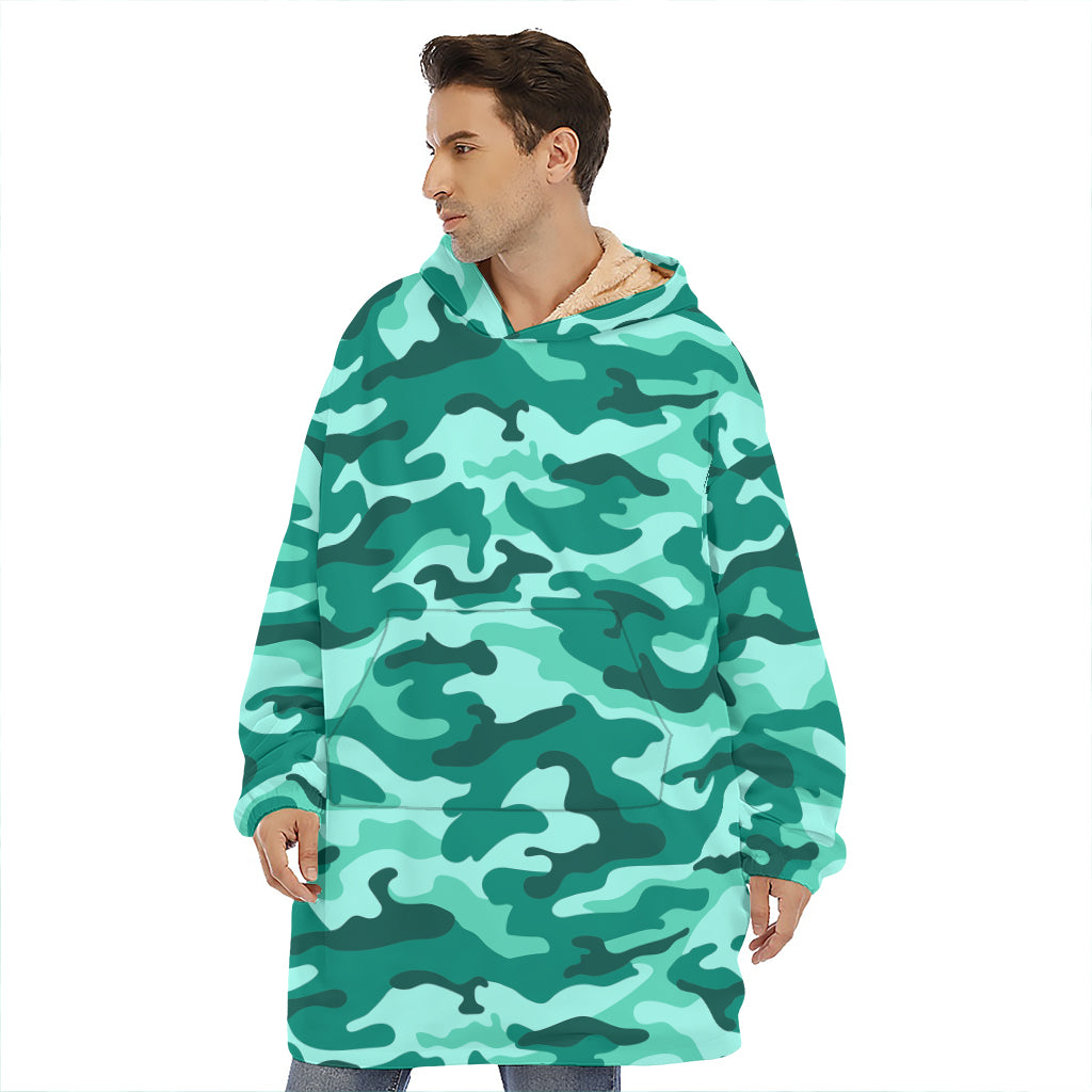 Teal Camouflage Print Hoodie Blanket