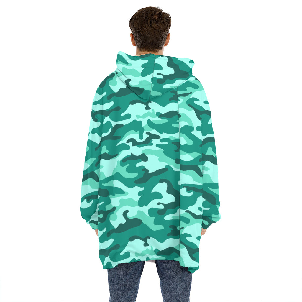 Teal Camouflage Print Hoodie Blanket