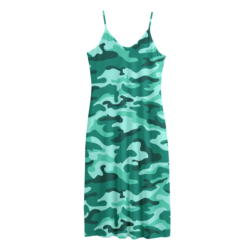 Teal Camouflage Print Jersey Midi Cami Dress