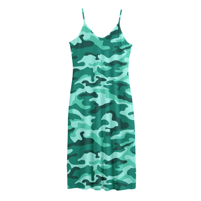 Teal Camouflage Print Jersey Midi Cami Dress