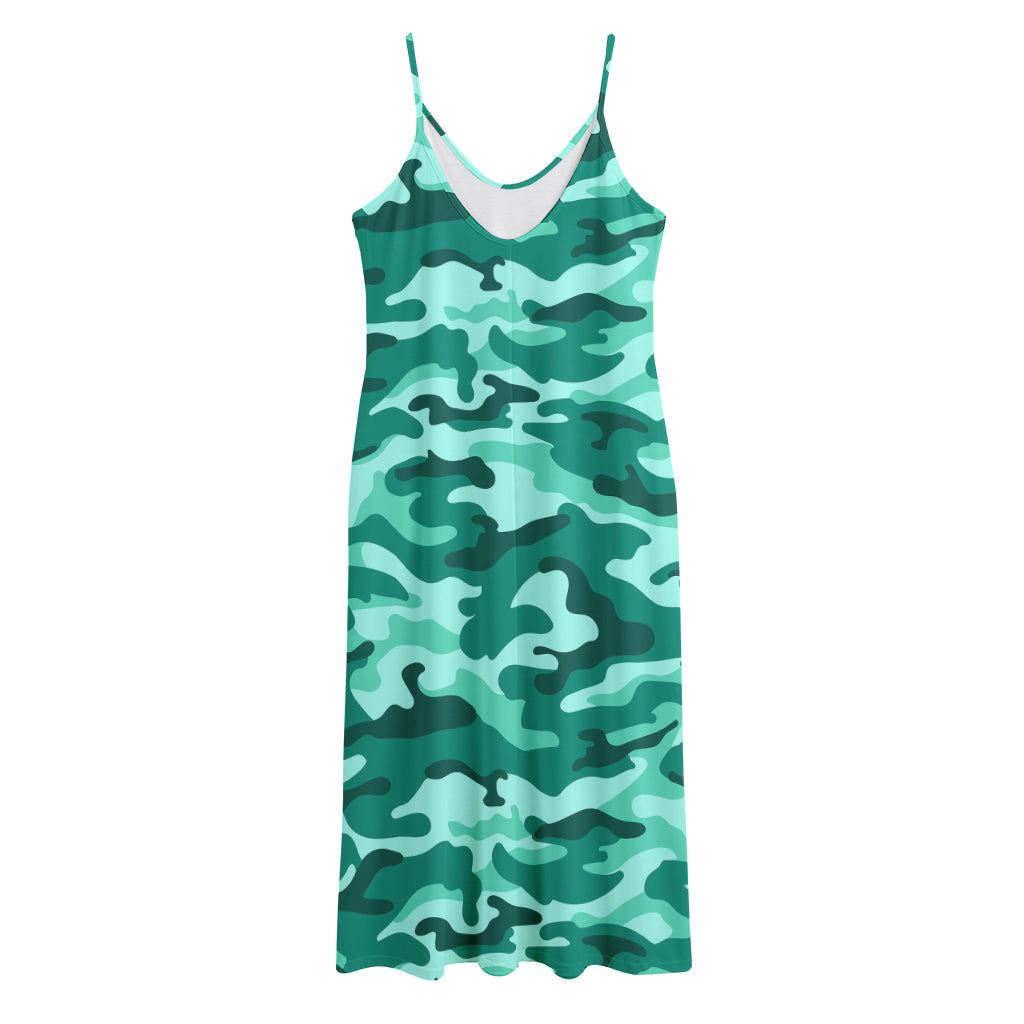 Teal Camouflage Print Jersey Midi Cami Dress