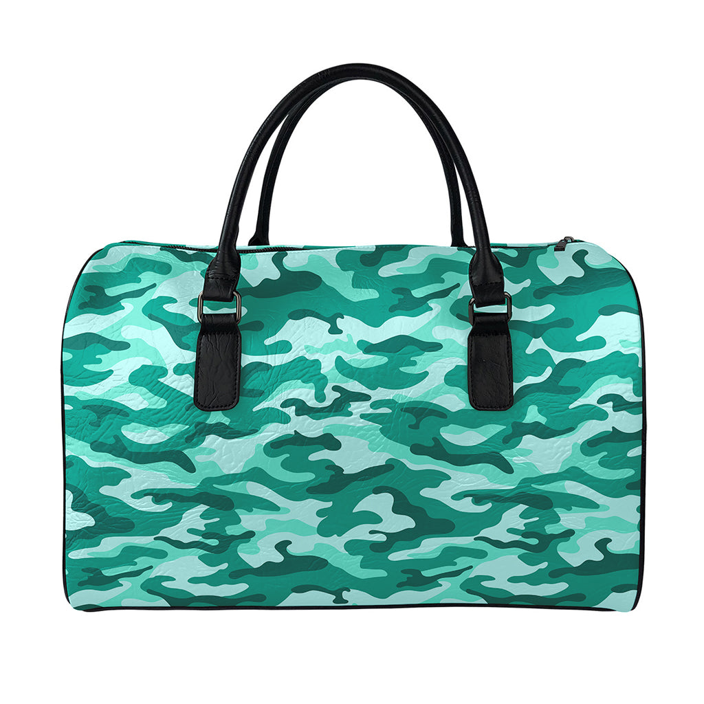Teal Camouflage Print Leather Duffle Bag