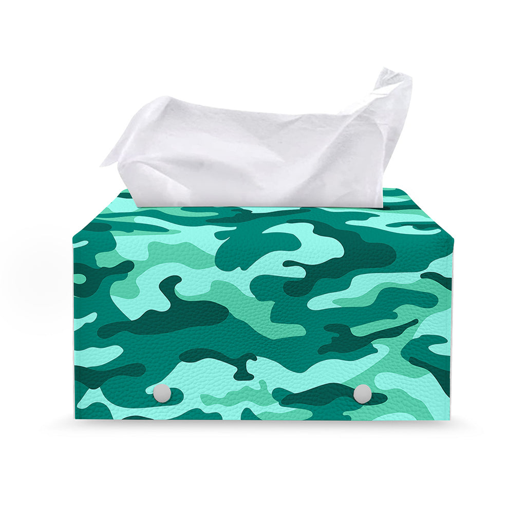 Teal Camouflage Print Leather Tissue Box Cover