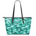 Teal Camouflage Print Leather Tote Bag With Zipper