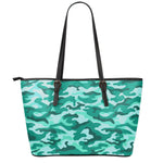 Teal Camouflage Print Leather Tote Bag