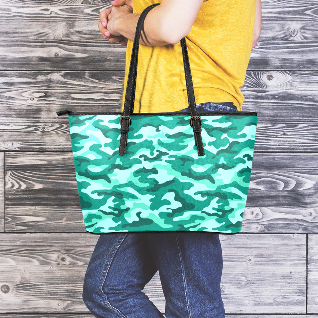 Teal Camouflage Print Leather Tote Bag