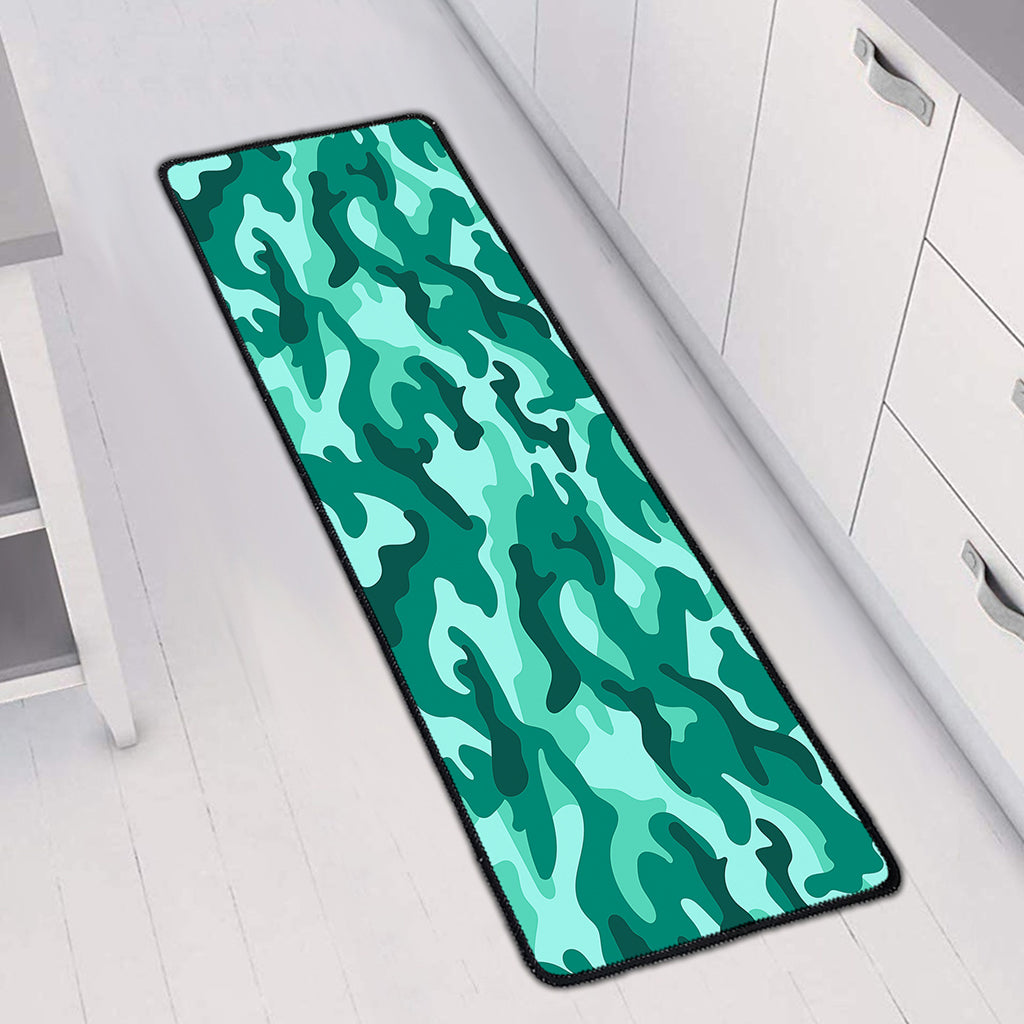 Teal Camouflage Print Long Kitchen Mat