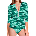 Teal Camouflage Print Long Sleeve Swimsuit
