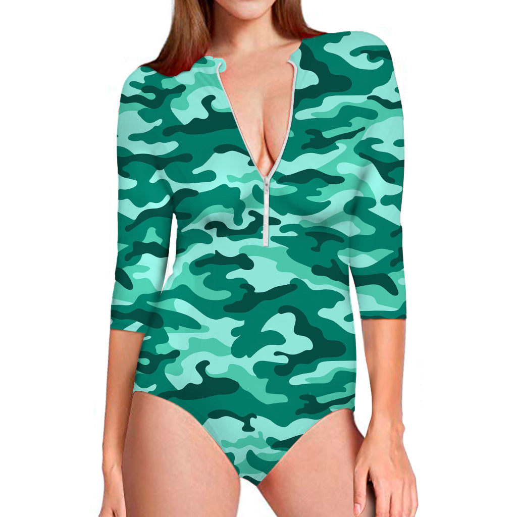 Teal Camouflage Print Long Sleeve Swimsuit