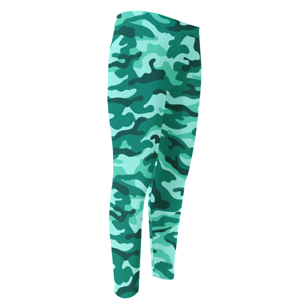 Teal Camouflage Print Men's Compression Pants