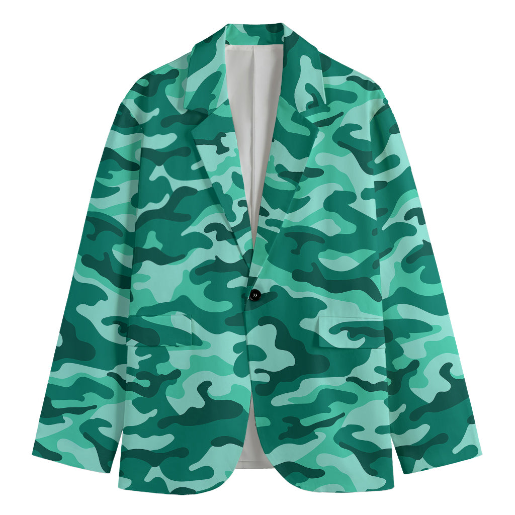 Teal Camouflage Print Men's Cotton Blazer
