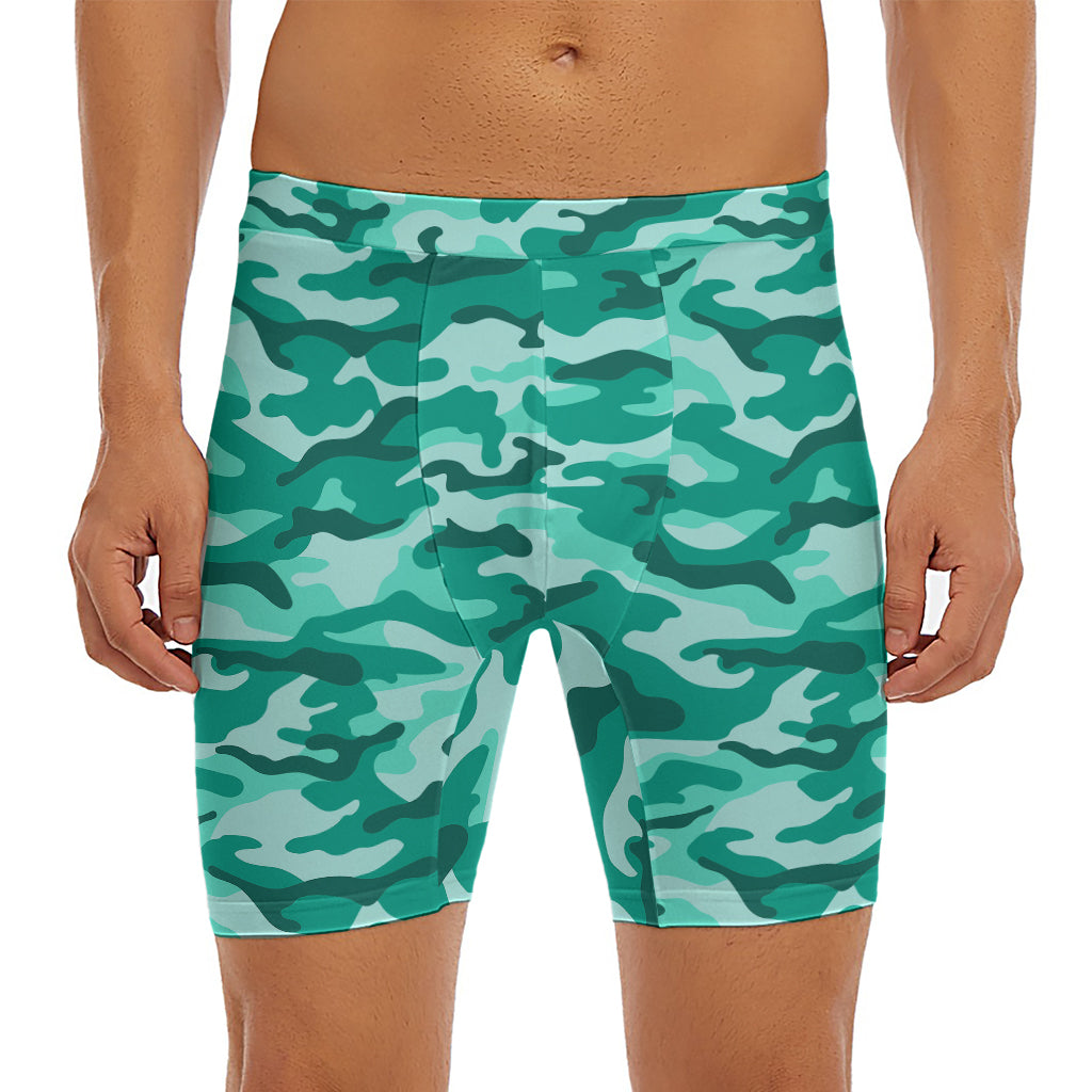 Teal Camouflage Print Men's Long Boxer Briefs