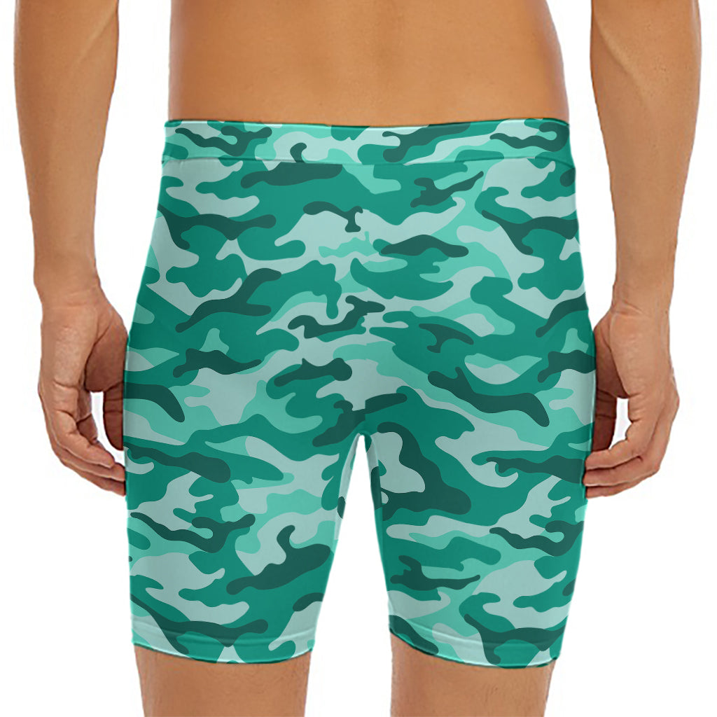 Teal Camouflage Print Men's Long Boxer Briefs
