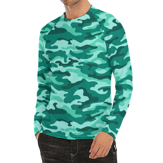 Teal Camouflage Print Men's Long Sleeve Rash Guard