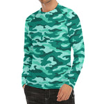 Teal Camouflage Print Men's Long Sleeve Rash Guard